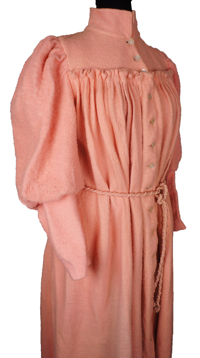 Antique Victorian Dressing Gown Pink Fleece Wool Flannel with Leg O' Mutton Sleeve - Poppy's Vintage Clothing