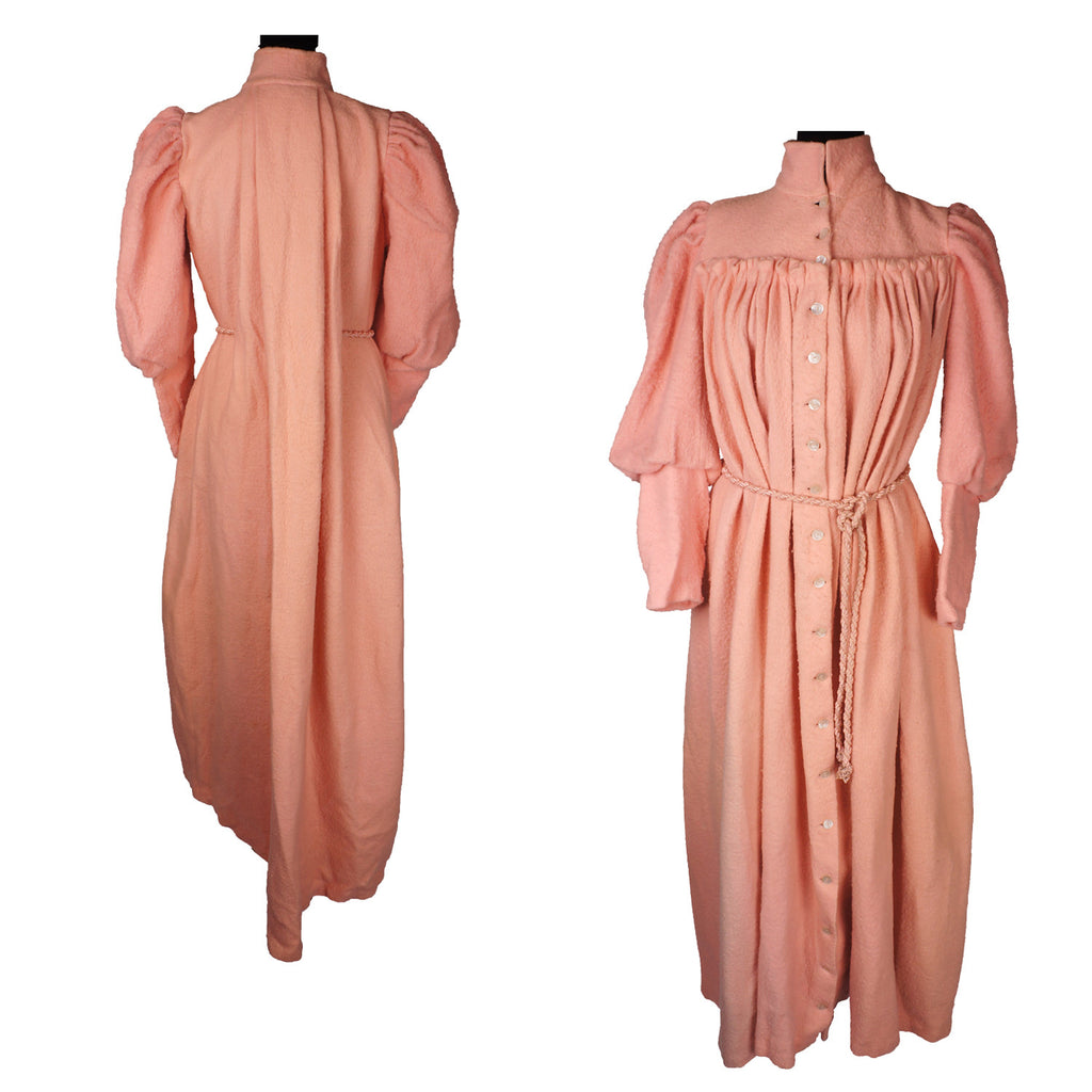 Antique Victorian Dressing Gown Pink Fleece Wool Flannel with Leg O' Mutton Sleeve - Poppy's Vintage Clothing