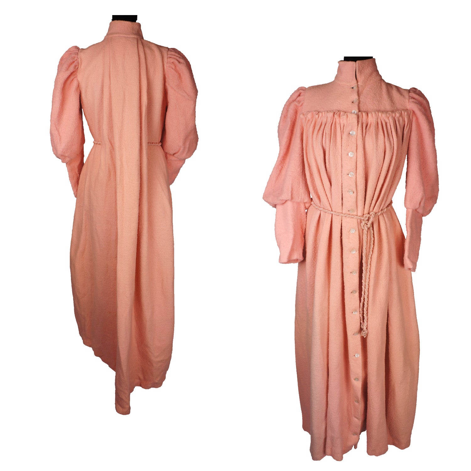 Antique Victorian Dressing Gown Pink Fleece Wool Flannel with Leg O' Mutton Sleeve - Poppy's Vintage Clothing