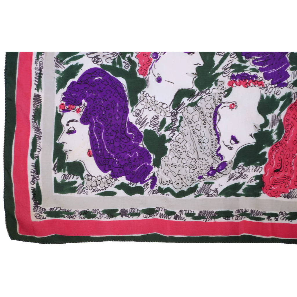 Vintage 1940s Silk Scarf Square w Heads Wearing Turban &amp; Snood Hats - Poppy's Vintage Clothing