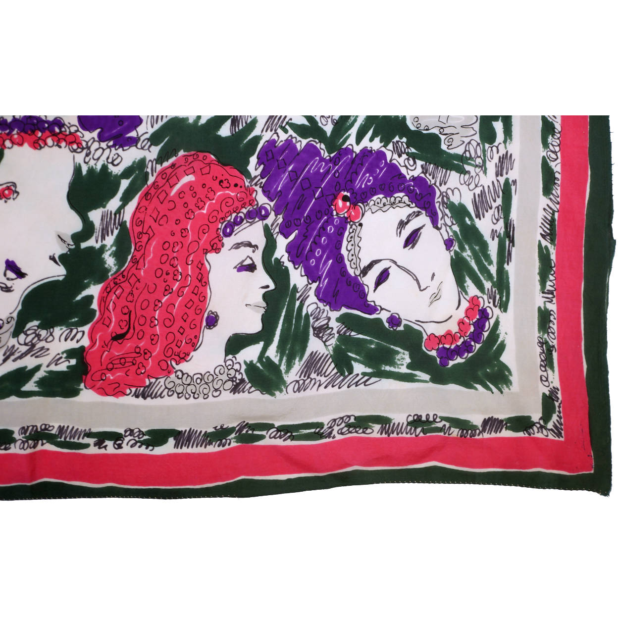 Vintage 1940s Silk Scarf Square w Heads Wearing Turban &amp; Snood Hats - Poppy's Vintage Clothing