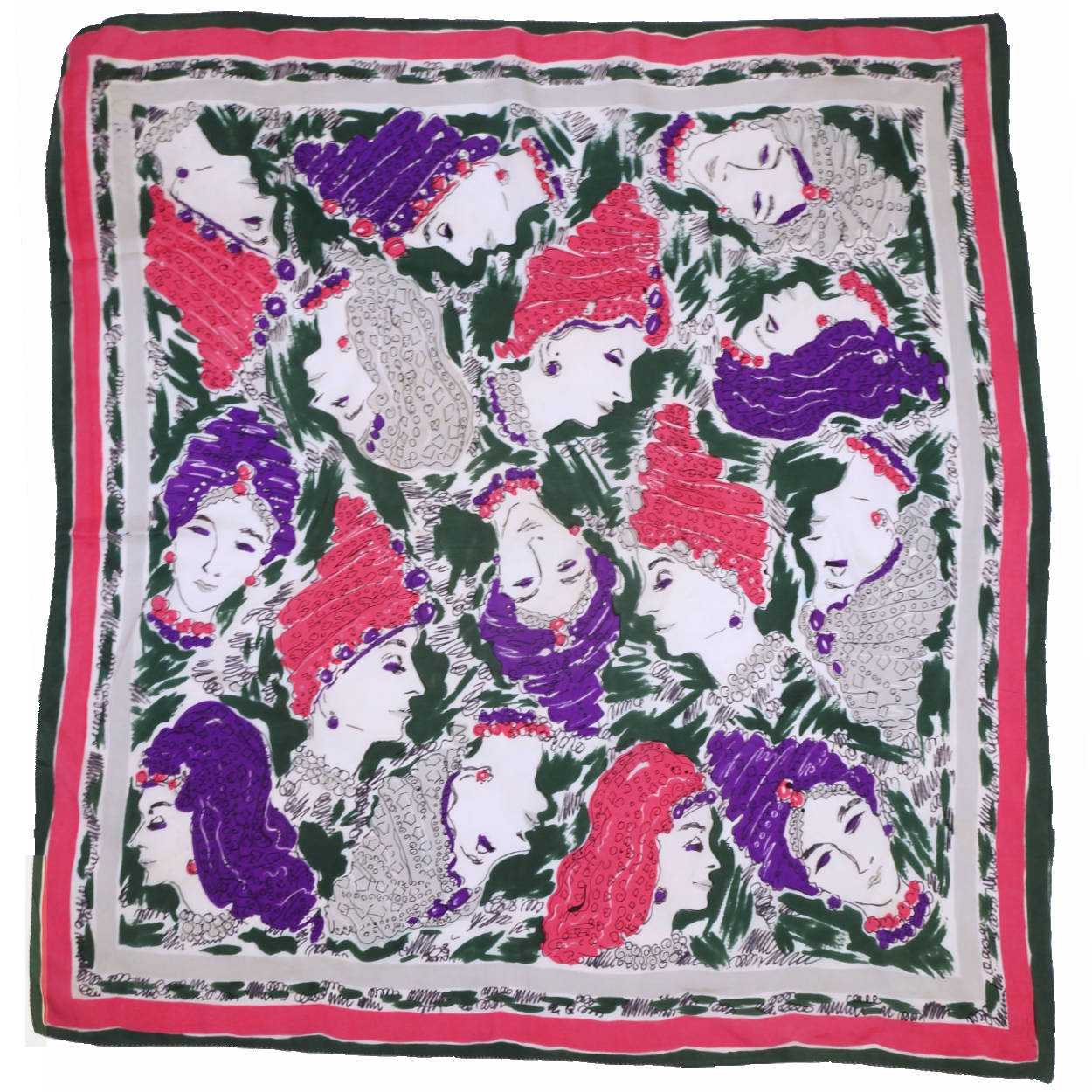 Vintage 1940s Silk Scarf Square w Heads Wearing Turban &amp; Snood Hats - Poppy's Vintage Clothing