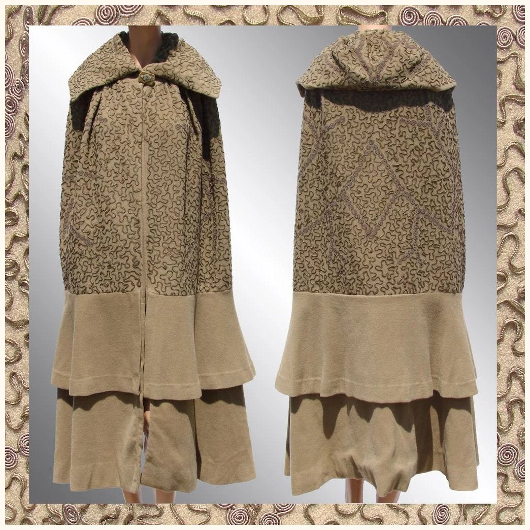 Vintage 1920s Wool Cloak with Soutache Trim - Poppy's Vintage Clothing