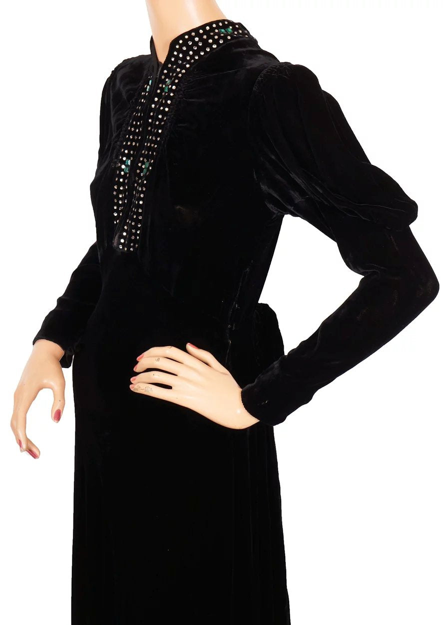 Vintage 1930s Black Velvet Dress - Rhinestones - Leg of mutton Sleeves - Poppy's Vintage Clothing