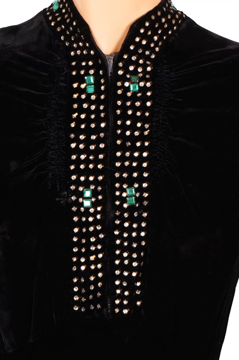 Vintage 1930s Black Velvet Dress - Rhinestones - Leg of mutton Sleeves - Poppy's Vintage Clothing