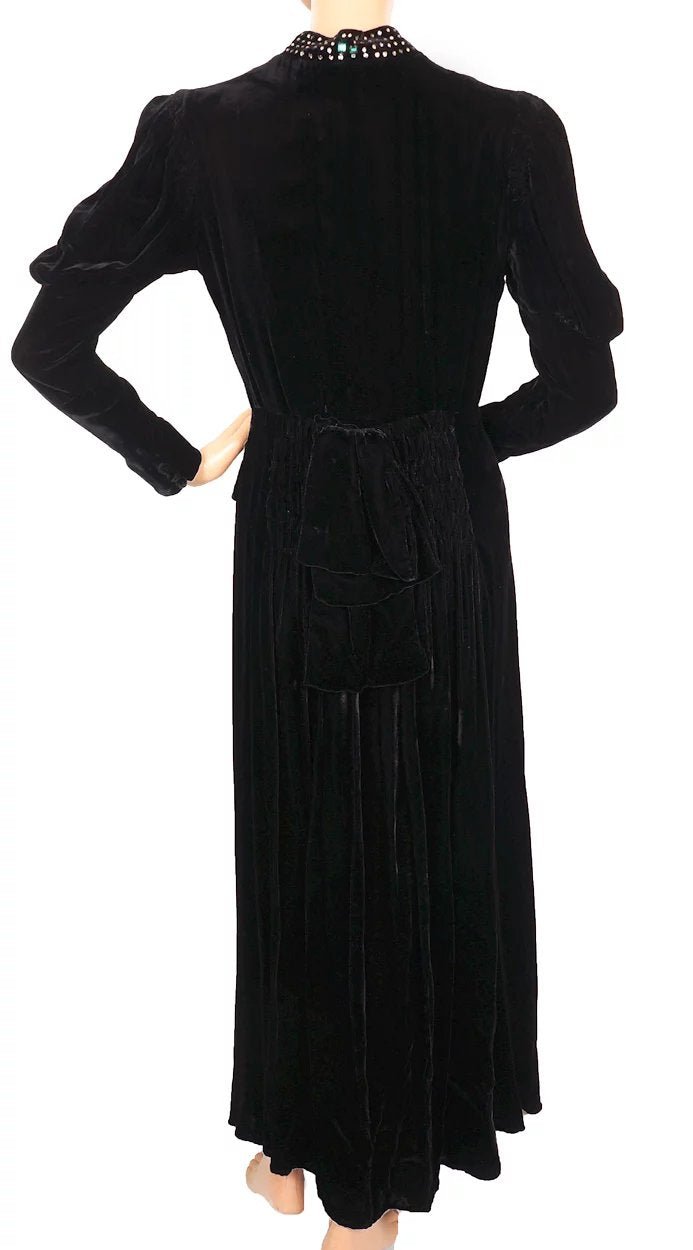 Vintage 1930s Black Velvet Dress - Rhinestones - Leg of mutton Sleeves - Poppy's Vintage Clothing