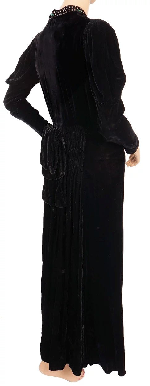 Vintage 1930s Black Velvet Dress - Rhinestones - Leg of mutton Sleeves - Poppy's Vintage Clothing