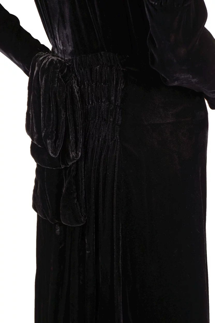 Vintage 1930s Black Velvet Dress - Rhinestones - Leg of mutton Sleeves - Poppy's Vintage Clothing