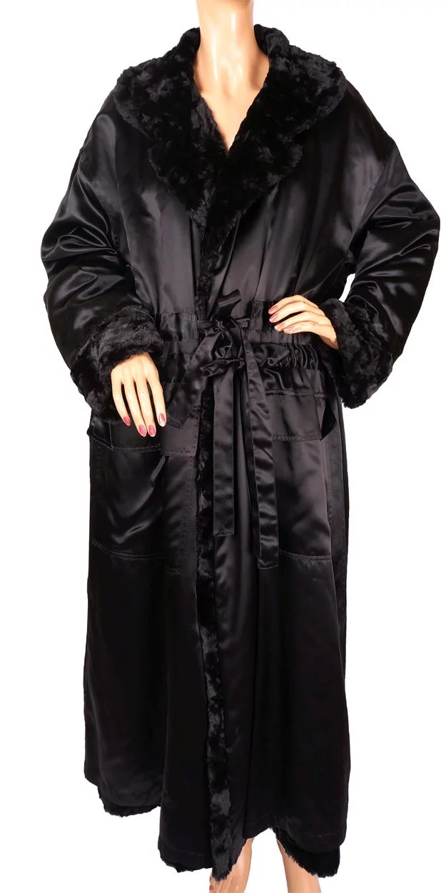 Vintage 1990s Sonia Rykiel Black Faux Fur and Satin Reversible Coat - L - Poppy's Vintage Clothing