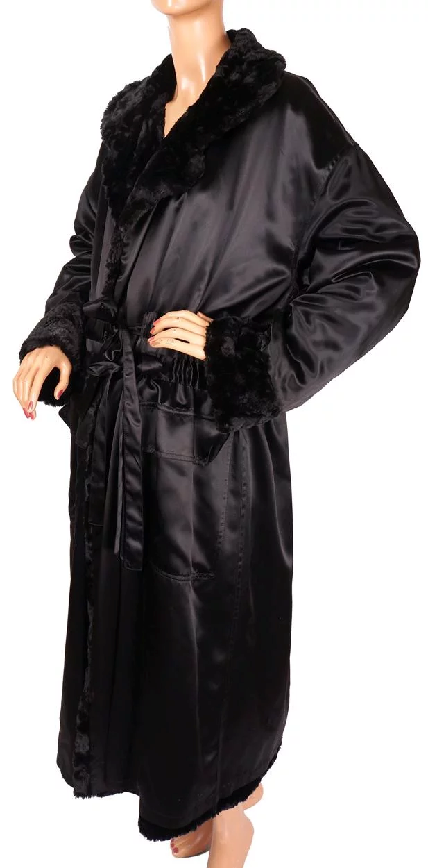 Vintage 1990s Sonia Rykiel Black Faux Fur and Satin Reversible Coat - L - Poppy's Vintage Clothing