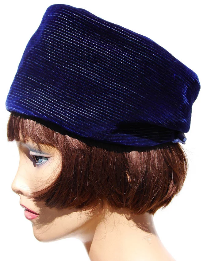 Vintage 1950s Pillbox Hat Pierre Balmain Reproduction - Blue Velvet - Poppy's Vintage Clothing