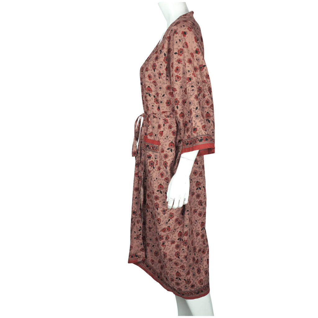 Vintage 1970s Indian Cotton Dressing Gown Block Printed Flower Pattern Robe M L - Poppy's Vintage Clothing