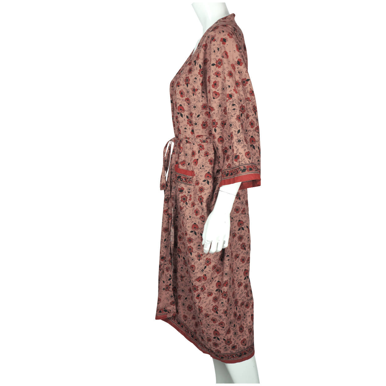 Vintage 1970s Indian Cotton Dressing Gown Block Printed Flower Pattern Robe M L - Poppy's Vintage Clothing