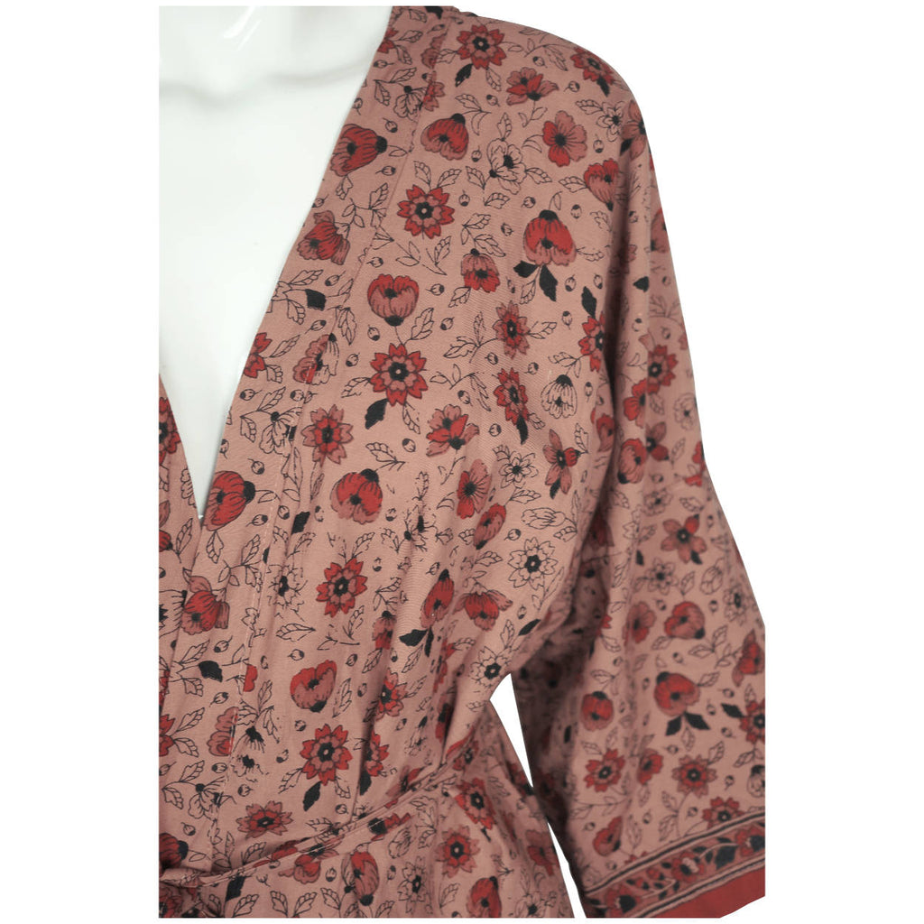 Vintage 1970s Indian Cotton Dressing Gown Block Printed Flower Pattern Robe M L - Poppy's Vintage Clothing