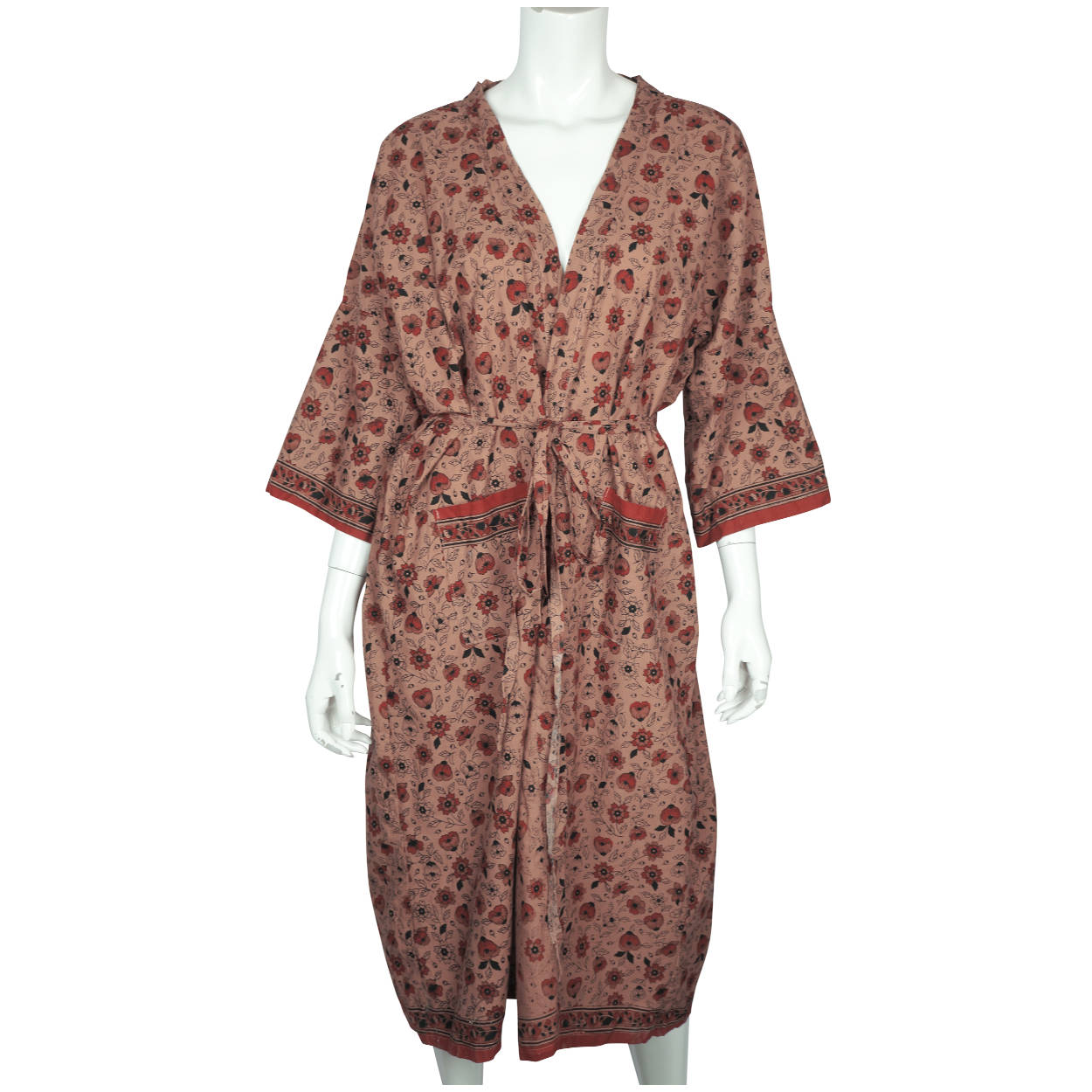 Vintage 1970s Indian Cotton Dressing Gown Block Printed Flower