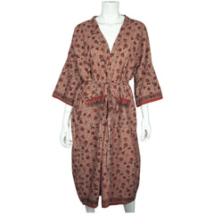Vintage 1970s Indian Cotton Dressing Gown Block Printed Flower Pattern Robe M L - Poppy's Vintage Clothing