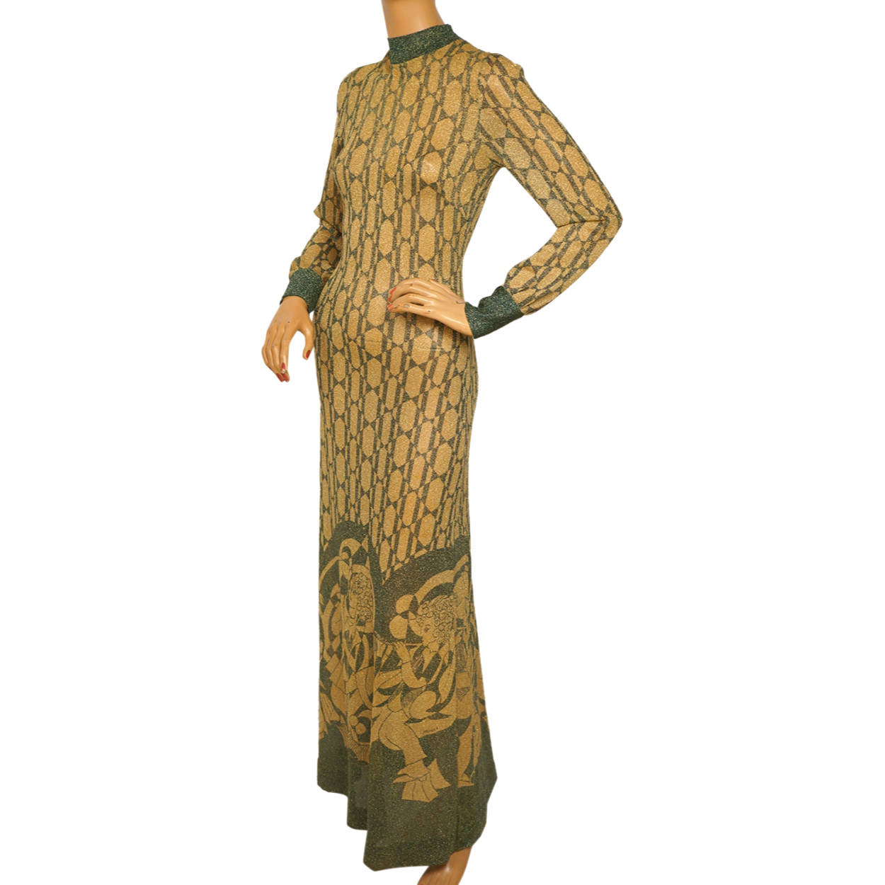 Vintage 1970s Dress Art Nouveau Print Metallic Lame Evening Gown Pelilla Italy Size 8 - Poppy's Vintage Clothing