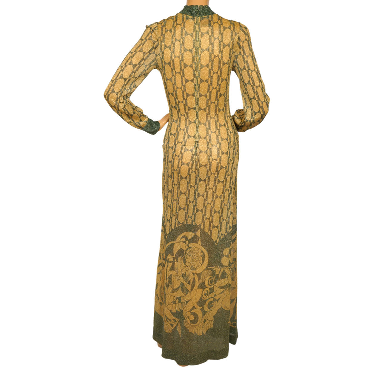 Vintage 1970s Dress Art Nouveau Print Metallic Lame Evening Gown Pelilla Italy Size 8 - Poppy's Vintage Clothing