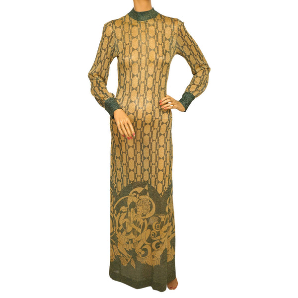 Vintage 1970s Dress Art Nouveau Print Metallic Lame Evening Gown Pelilla Italy Size 8 - Poppy's Vintage Clothing