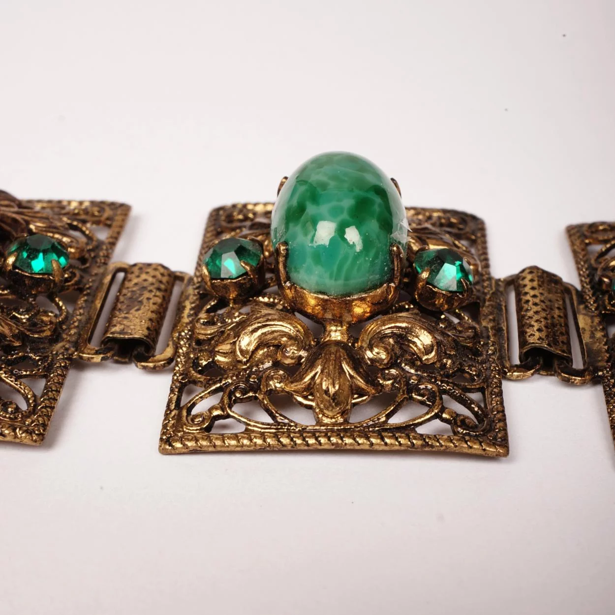 Vintage 1930s Czech Filigree Brass and Green Glass Bracelet Gablonz - Poppy's Vintage Clothing