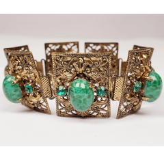 Vintage 1930s Czech Filigree Brass and Green Glass Bracelet Gablonz - Poppy's Vintage Clothing