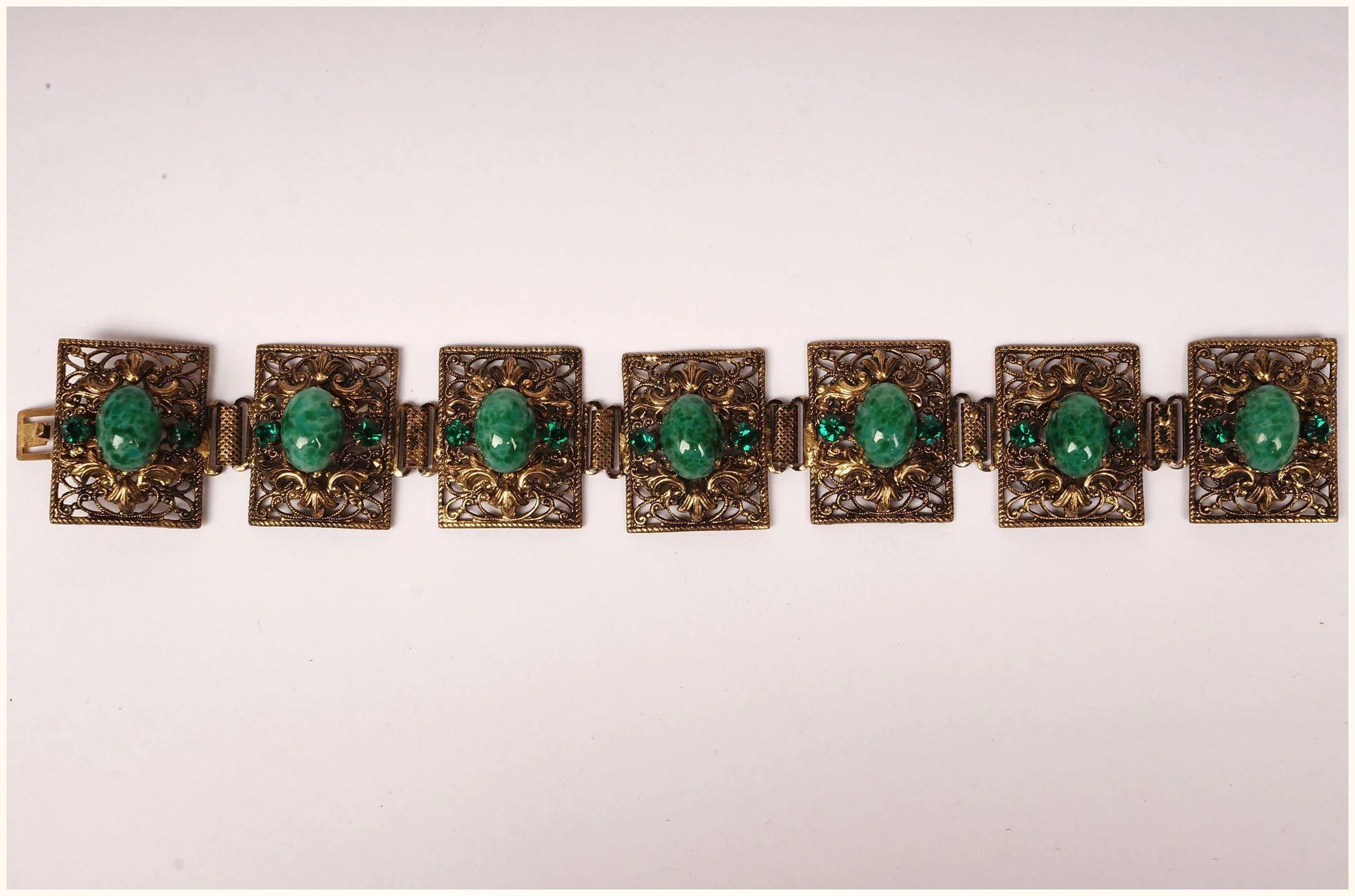 Vintage 1930s Czech Filigree Brass and Green Glass Bracelet Gablonz - Poppy's Vintage Clothing