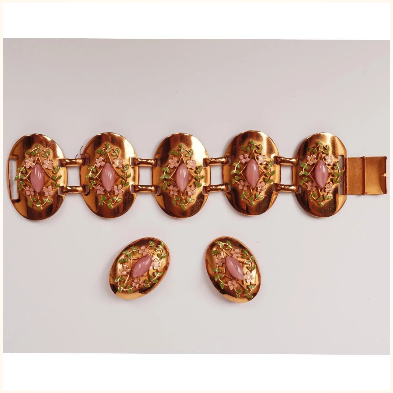 Vintage 1950s Enamel Copper and Pink Glass Stones Bracelet and Earrings - Poppy's Vintage Clothing