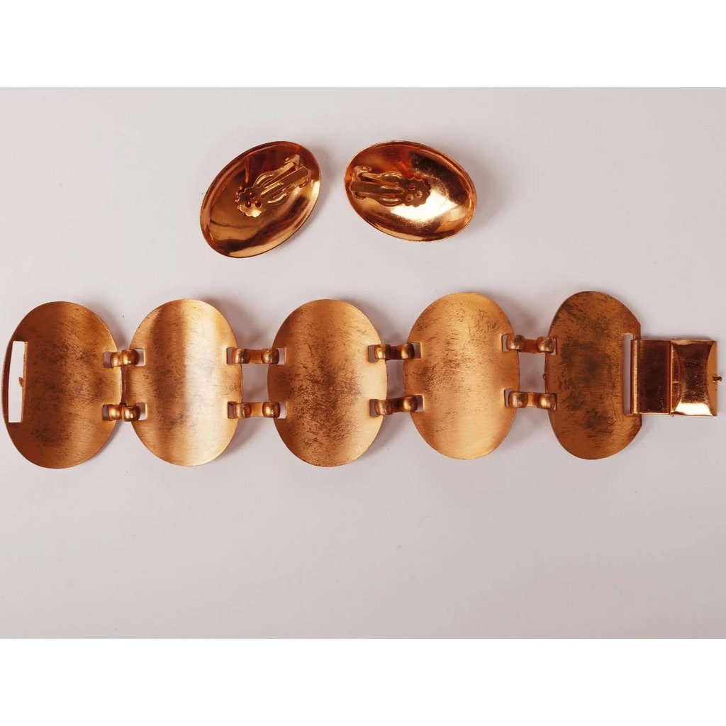 Vintage 1950s Enamel Copper and Pink Glass Stones Bracelet and Earrings - Poppy's Vintage Clothing