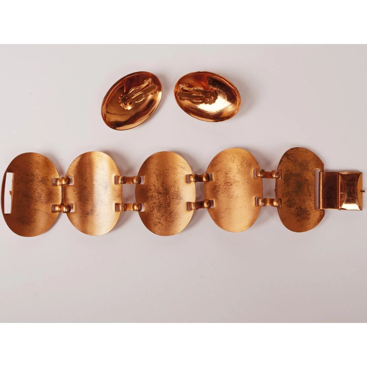 Vintage 1950s Enamel Copper and Pink Glass Stones Bracelet and Earrings - Poppy's Vintage Clothing