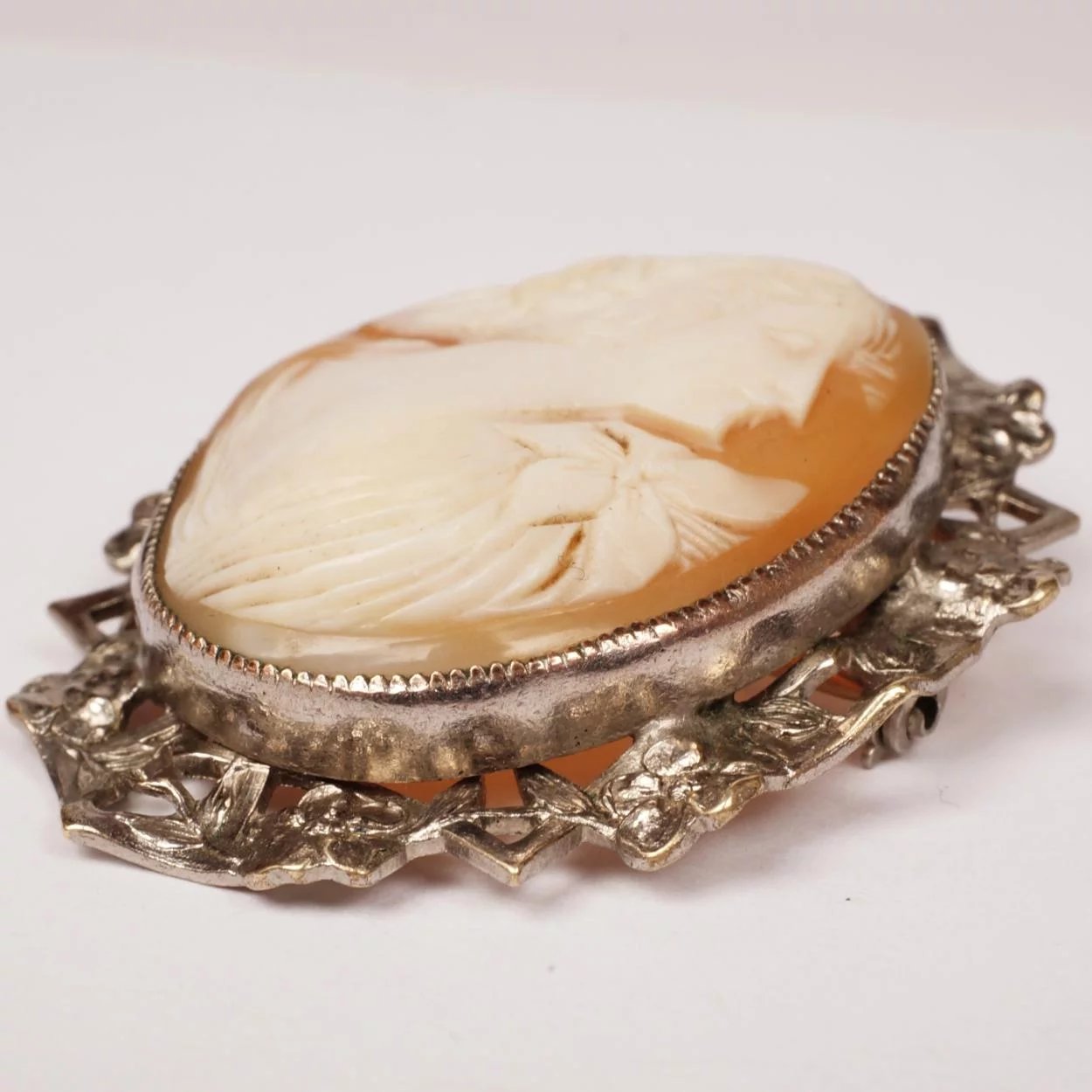 Vintage Cameo Brooch Pendant - Hand Carved - Silver Plated Mount - Poppy's Vintage Clothing