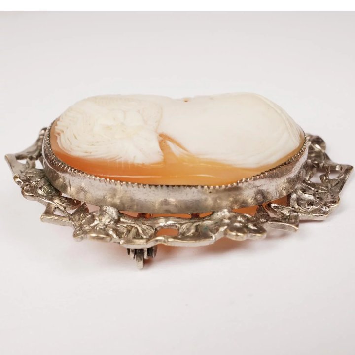 Vintage Cameo Brooch Pendant - Hand Carved - Silver Plated Mount - Poppy's Vintage Clothing