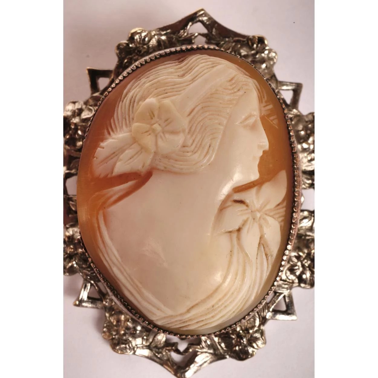 Vintage Cameo Brooch Pendant - Hand Carved - Silver Plated Mount - Poppy's Vintage Clothing