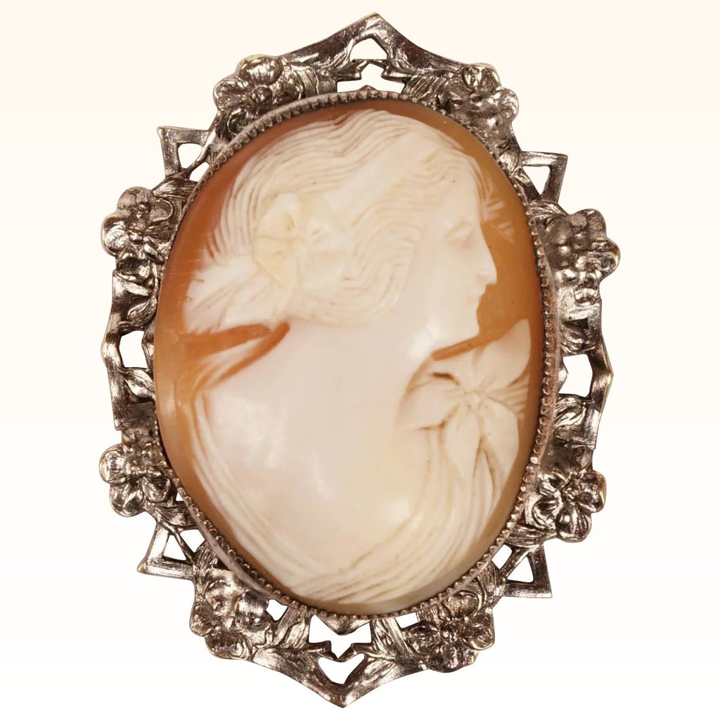 Vintage Cameo Brooch Pendant - Hand Carved - Silver Plated Mount - Poppy's Vintage Clothing