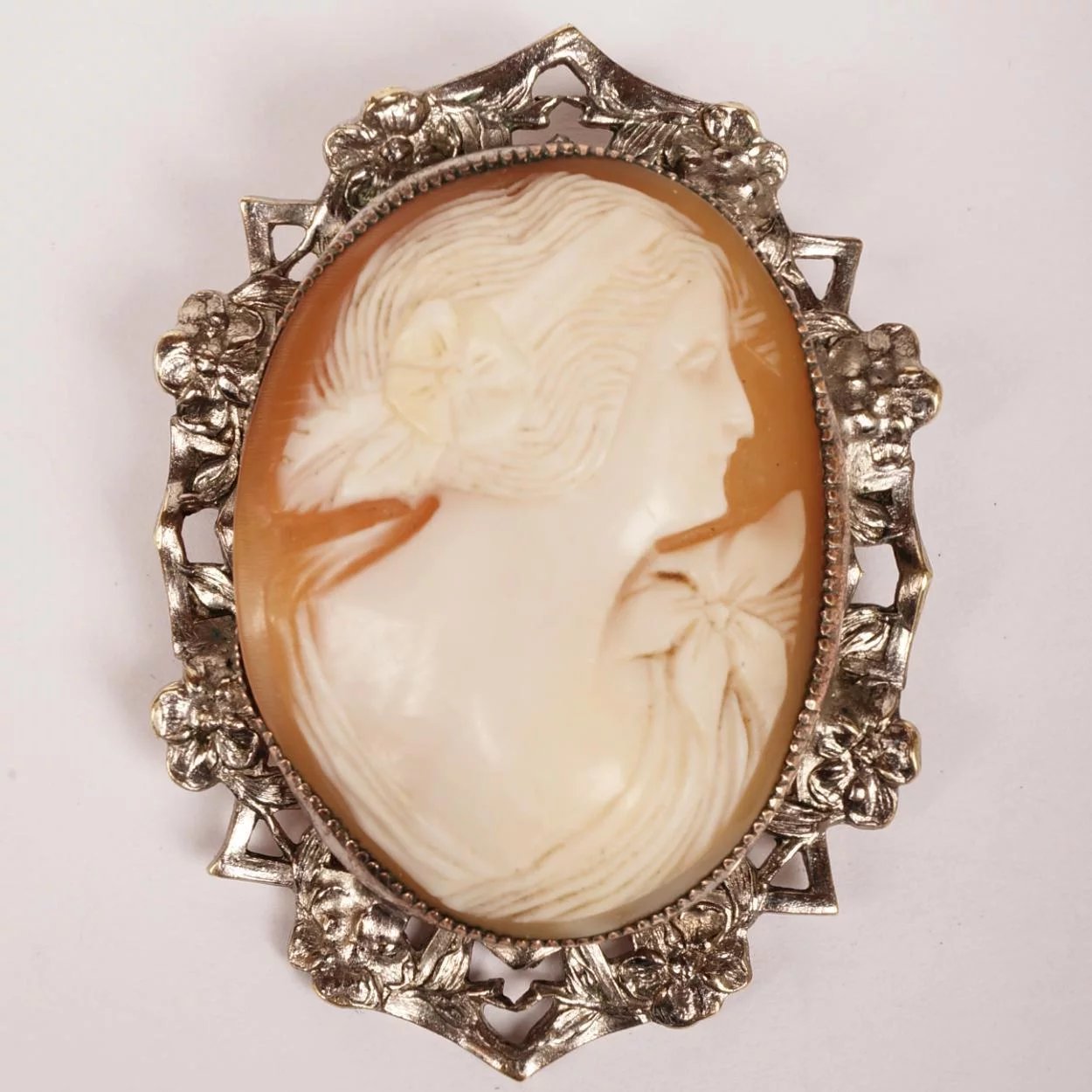 Vintage Cameo Brooch Pendant - Hand Carved - Silver Plated Mount - Poppy's Vintage Clothing