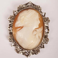 Vintage Cameo Brooch Pendant - Hand Carved - Silver Plated Mount - Poppy's Vintage Clothing