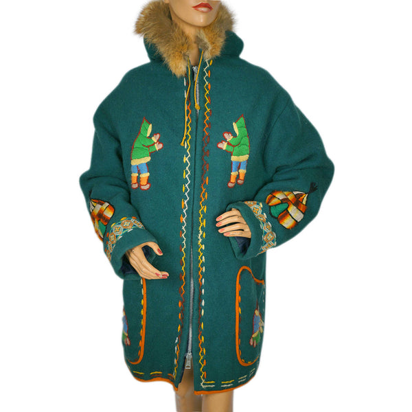 Vintage Eskimo Duffle Parka Coat Inuit Embroidered Green Wool w