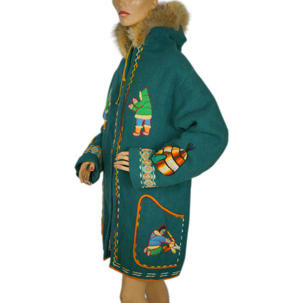 Vintage Eskimo Duffle Parka Coat Inuit Embroidered Green Wool w Fur Trim Hood - Poppy's Vintage Clothing