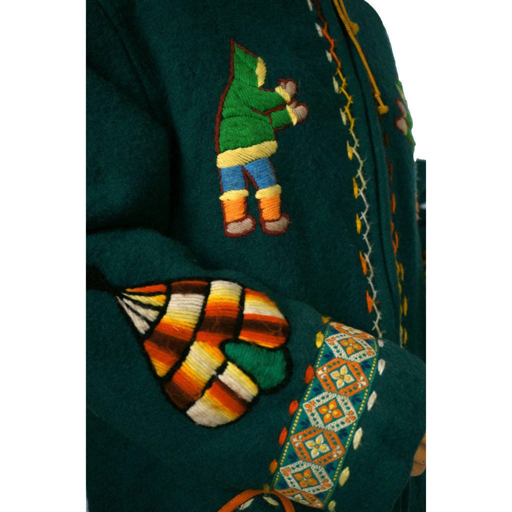 Vintage Eskimo Duffle Parka Coat Inuit Embroidered Green Wool w Fur Trim Hood - Poppy's Vintage Clothing