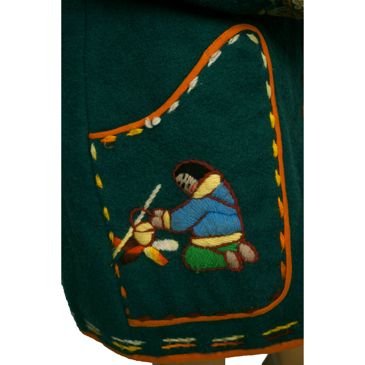 Vintage Eskimo Duffle Parka Coat Inuit Embroidered Green Wool w Fur Trim Hood - Poppy's Vintage Clothing