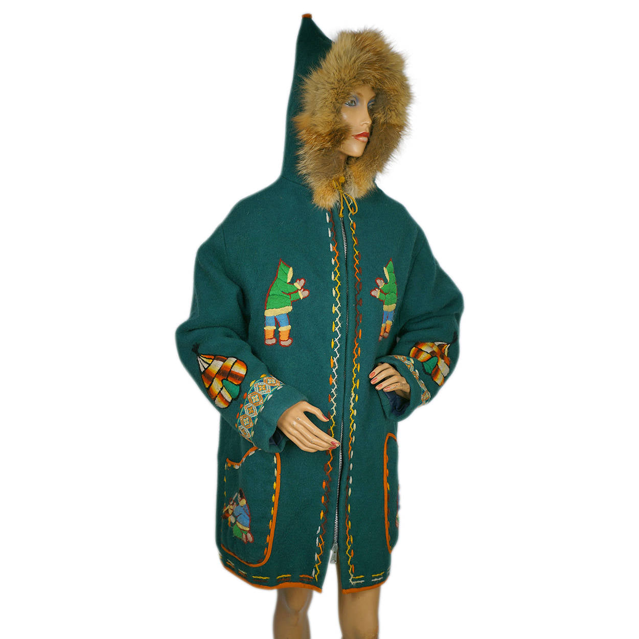 Vintage Eskimo Duffle Parka Coat Inuit Embroidered Green Wool w Fur Trim Hood - Poppy's Vintage Clothing
