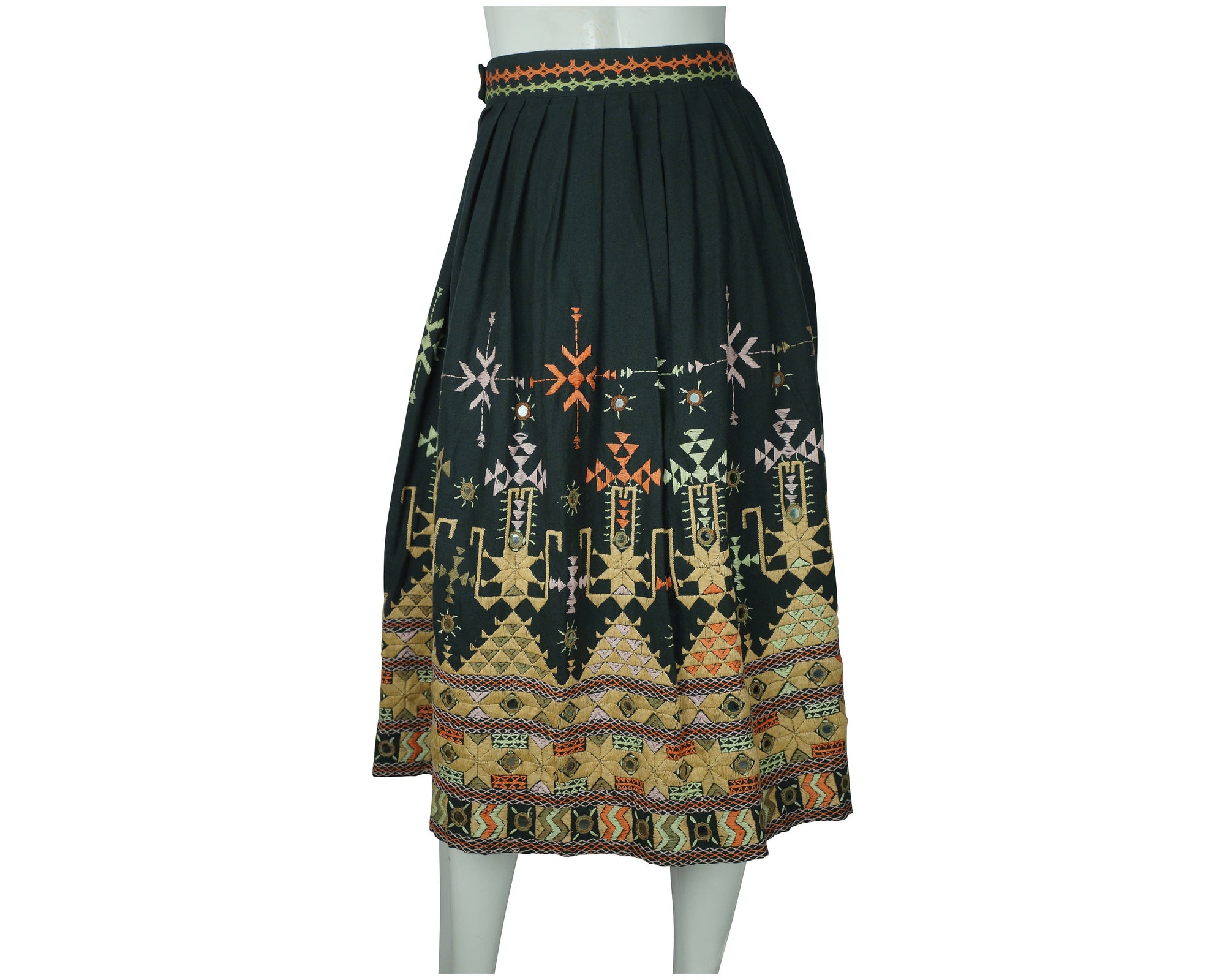 Vintage 1970s Indian Skirt Banjara Embroidered w Shisha Mirror Embroidery Size M - Poppy's Vintage Clothing