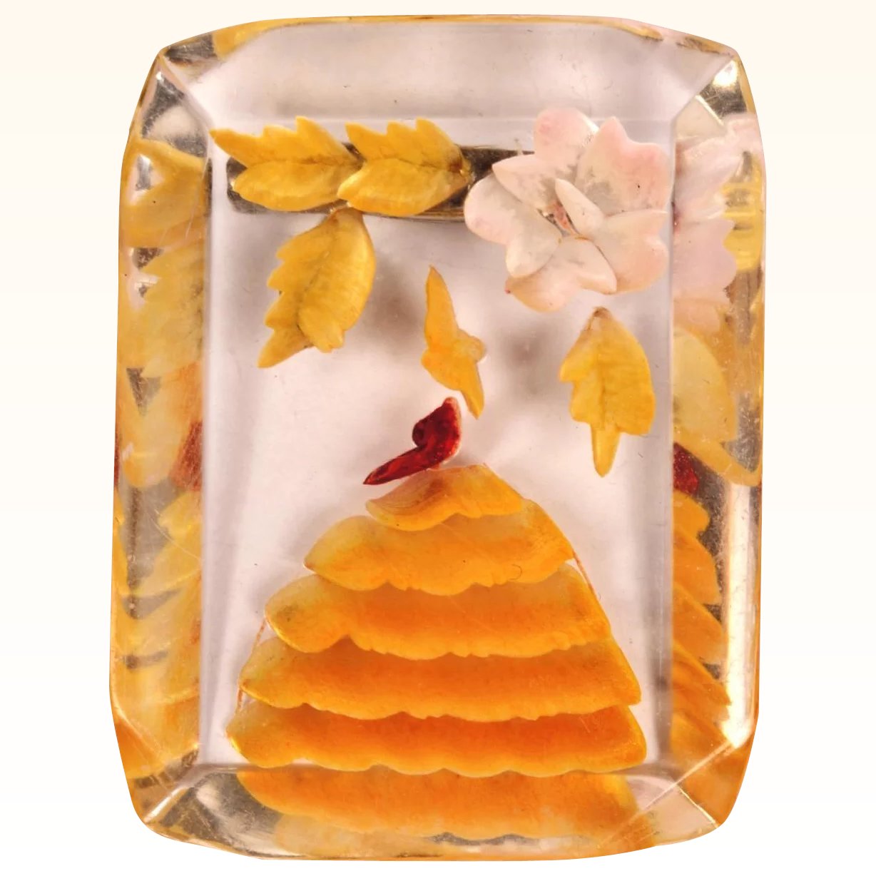 Vintage Reverse Carved Lucite Brooch Painted Crinoline Lady - Poppy's Vintage Clothing