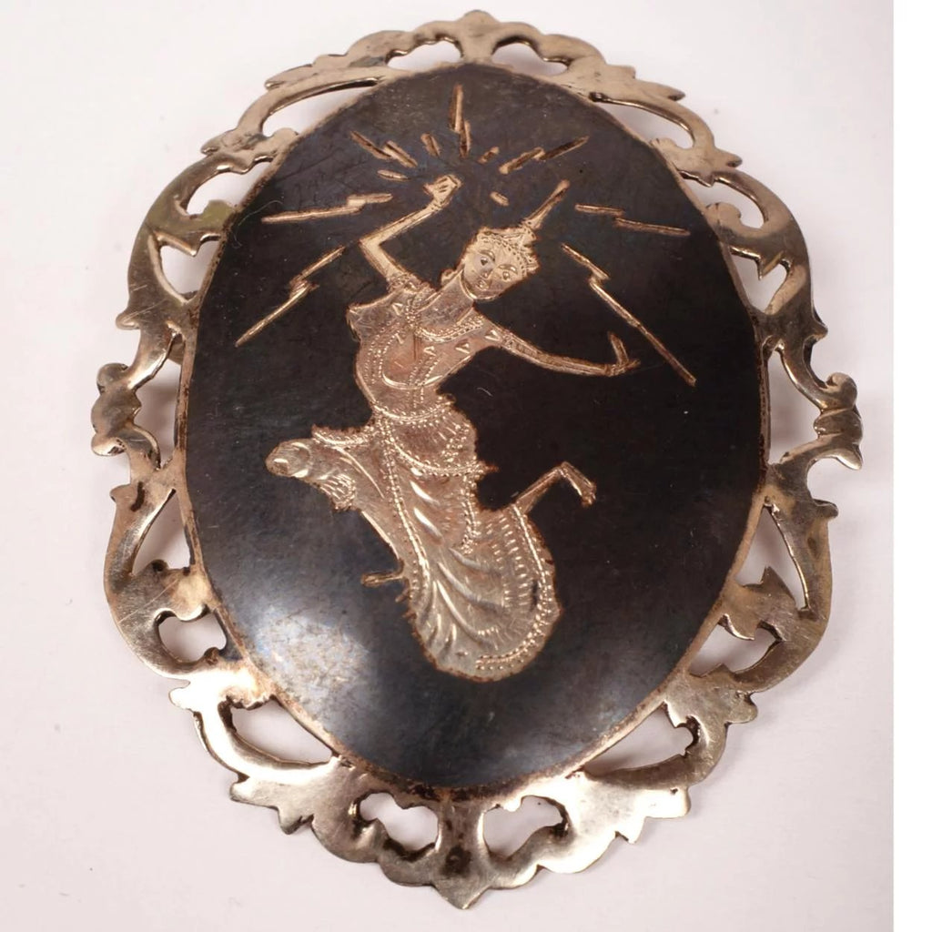 Vintage Siam Sterling Silver Niello Goddess Brooch and Earrings - Poppy's Vintage Clothing