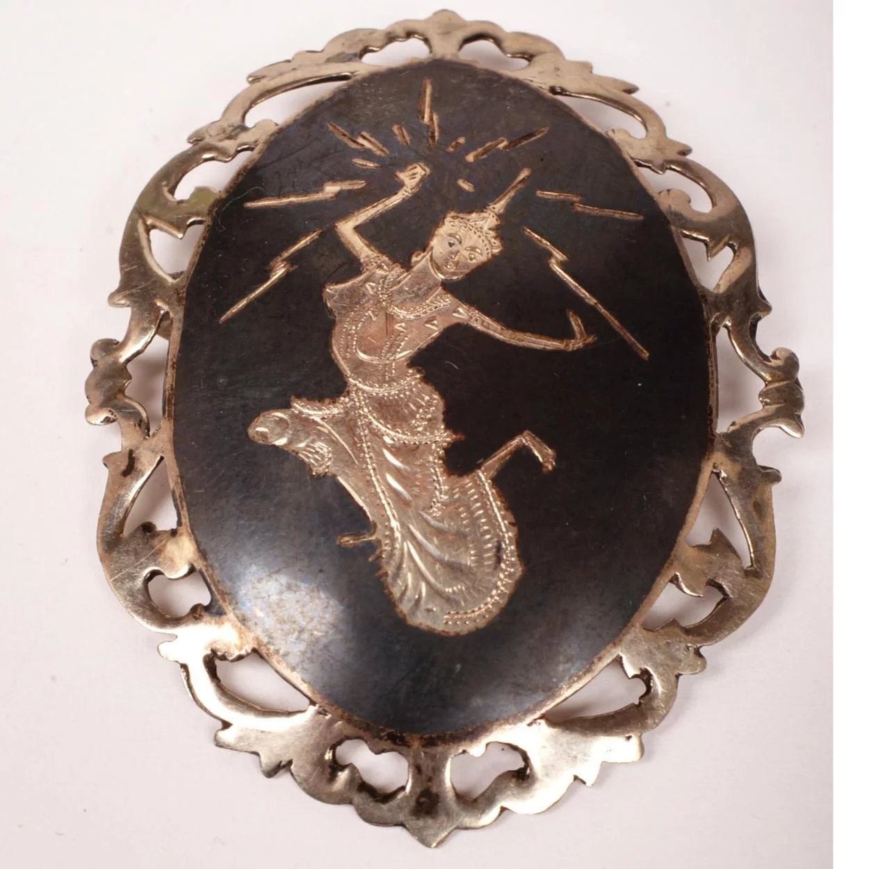 Vintage Siam Sterling Silver Niello Goddess Brooch and Earrings - Poppy's Vintage Clothing
