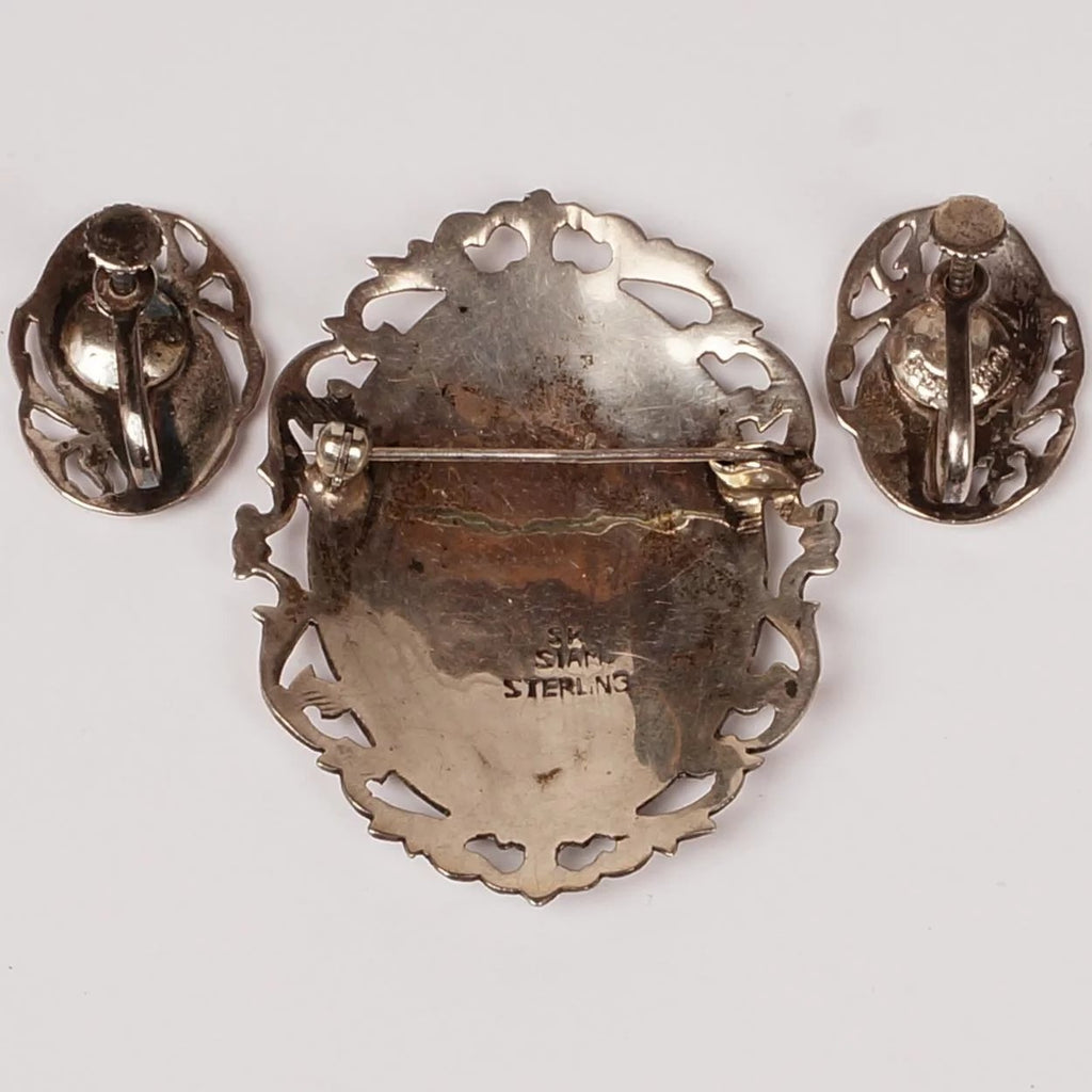 Vintage Siam Sterling Silver Niello Goddess Brooch and Earrings - Poppy's Vintage Clothing