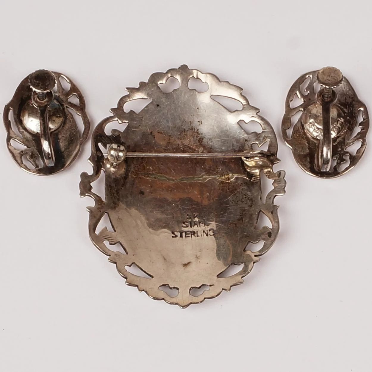Vintage Siam Sterling Silver Niello Goddess Brooch and Earrings - Poppy's Vintage Clothing