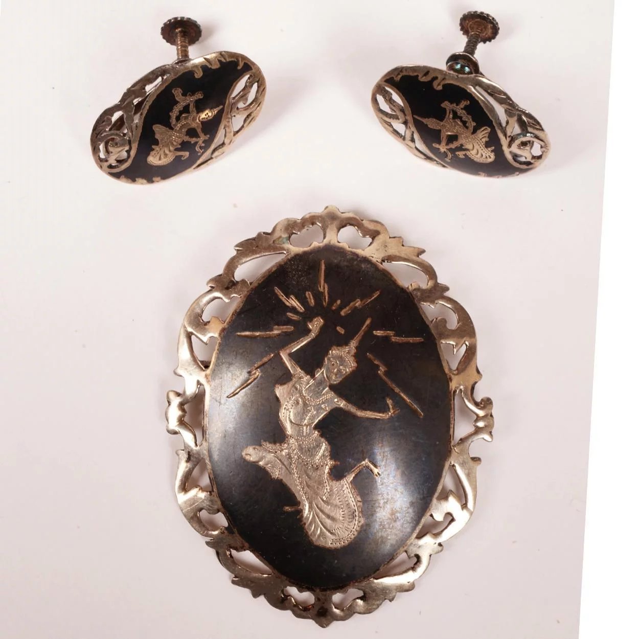 Vintage Siam Sterling Silver Niello Goddess Brooch and Earrings - Poppy's Vintage Clothing
