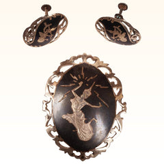 Vintage Siam Sterling Silver Niello Goddess Brooch and Earrings - Poppy's Vintage Clothing