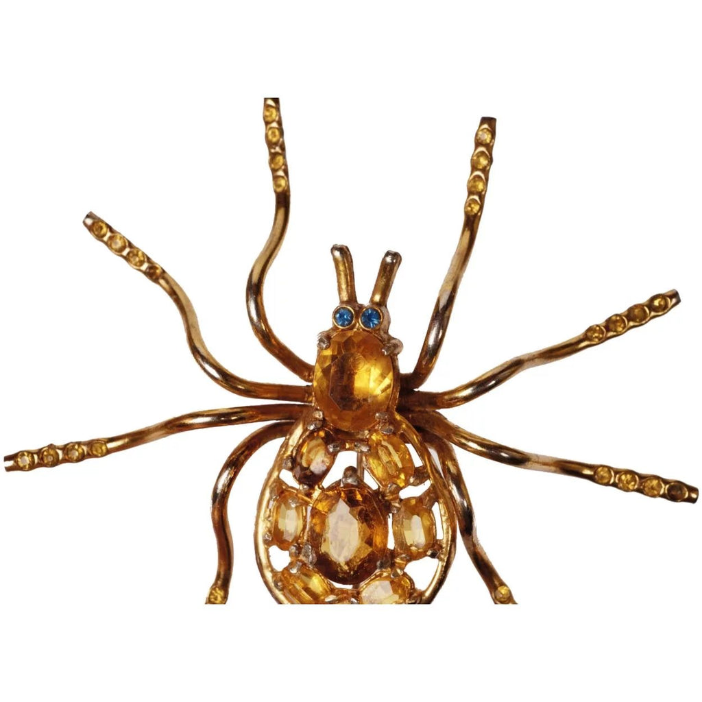 Vintage Spider Brooch with Topaz Rhinestones - Poppy's Vintage Clothing