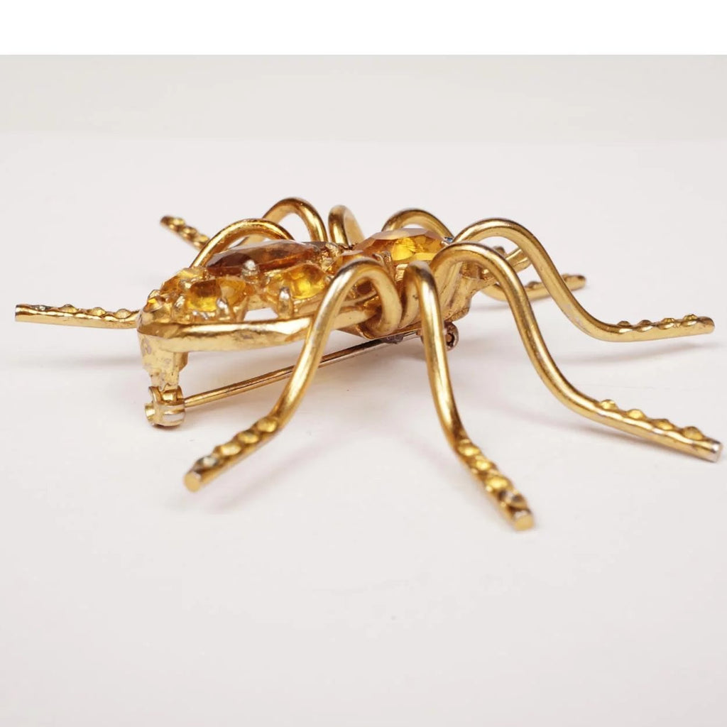 Vintage Spider Brooch with Topaz Rhinestones - Poppy's Vintage Clothing